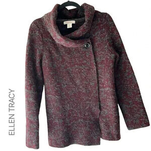ELLEN TRACY NWOT SHAWL COLLAR WOOL BLEND WRAP SWEATER GRAY & BURGUNDY | LARGE